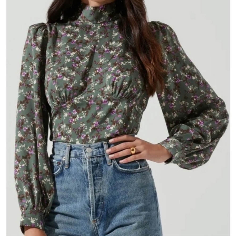 Astr The Label Anthropologie Tie Blouse in Sage Floral NWT Small